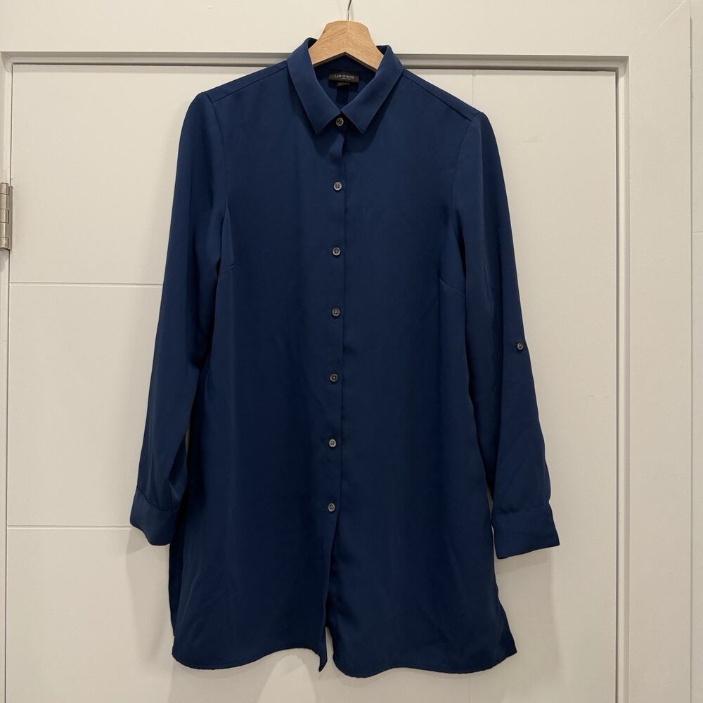 J. Jill Wearever Easy Care Navy Blue Long Sleeve Button Top Blouse Tunic Size S